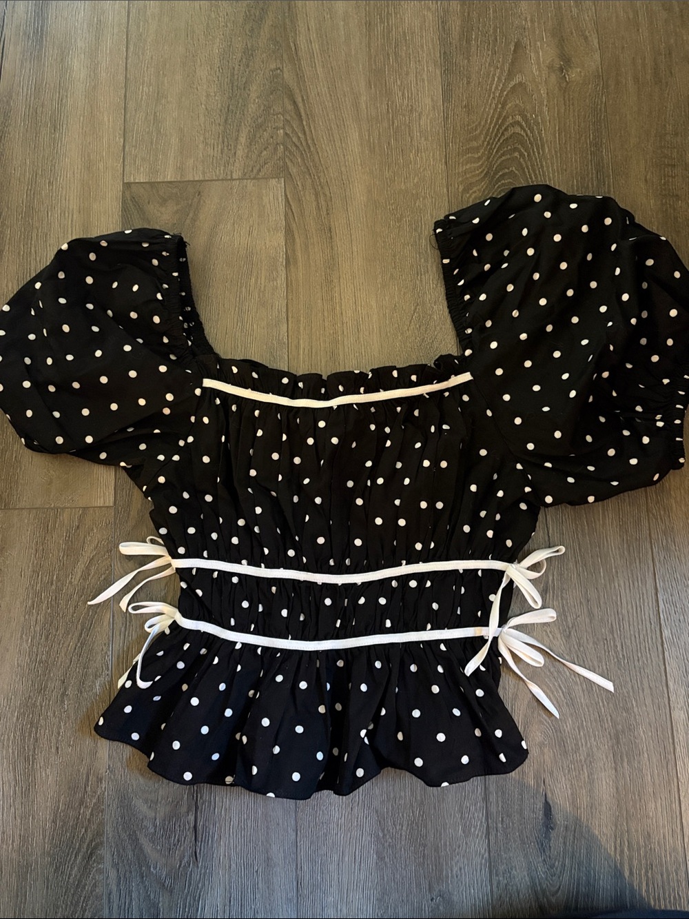 Black Polka Dot Smocked Peplum Top with Puff Sleeves